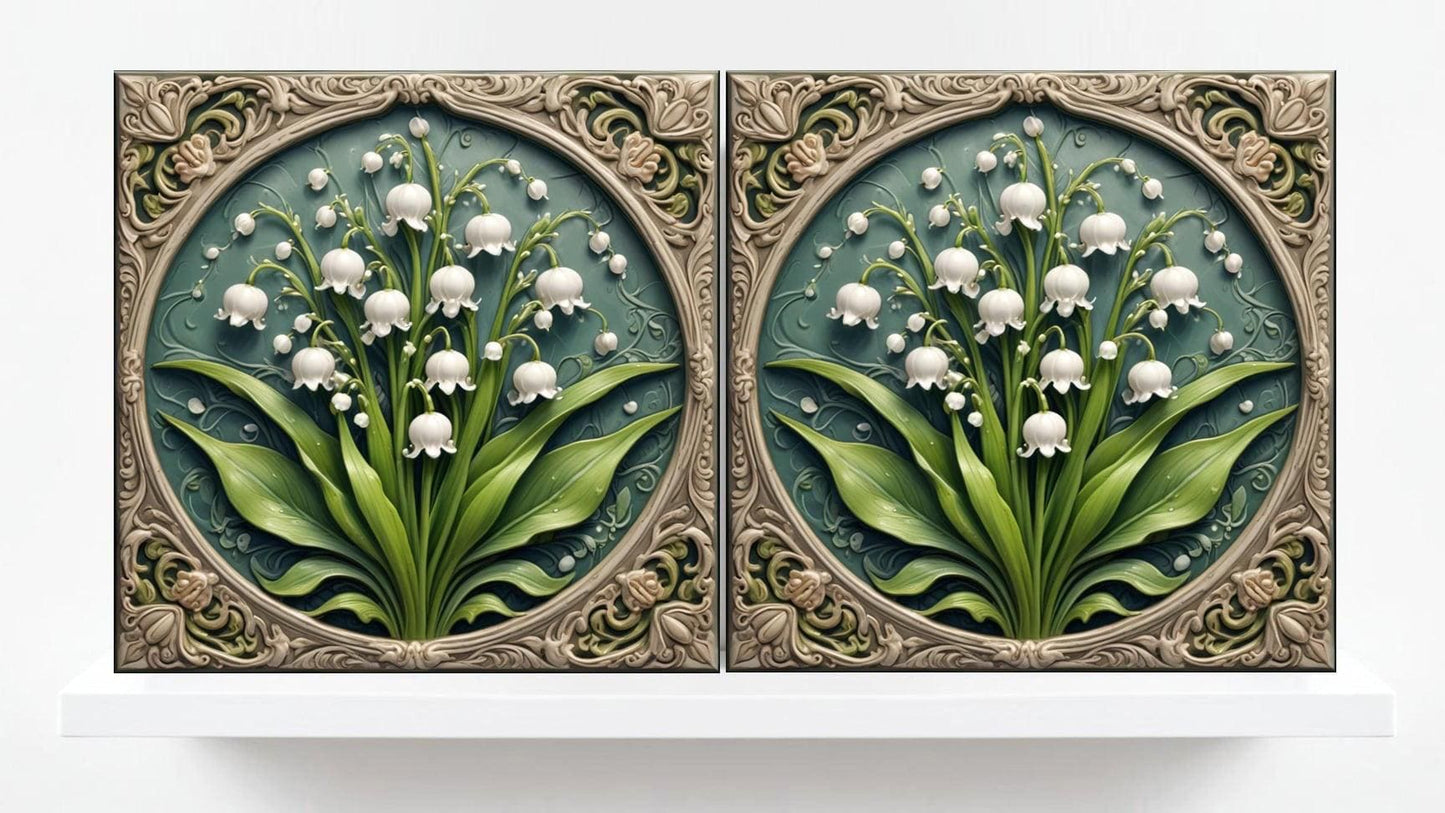 Lily of the Valley Tile -Art Nouveau Flower Ceramic Tiles -Set of 2 Art Nouveau Wall Decor Print - Kitchen Backsplash, Shower,Bathroom Tiles