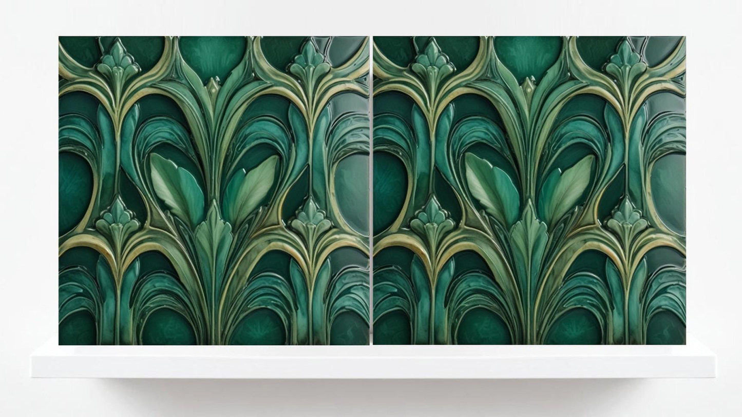 Art Deco Ceramic Tiles Green- Set of 2 Art Deco Wall Decor Geometric Tiles - Kitchen Backsplash Tiles,Table Decorative Tiles, Bathroom Tiles
