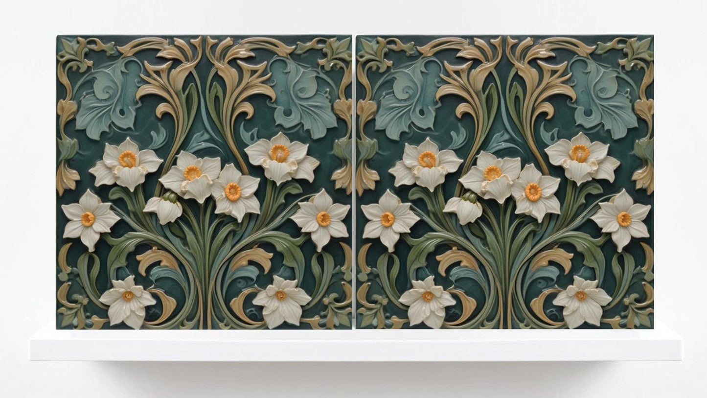 Daffodil Tile Green Art Nouveau Tiles - Set of 2 - Flower Botanical Art Print Ceramic Tiles - Kitchen Backsplash, Bathroom,Sink Splashback
