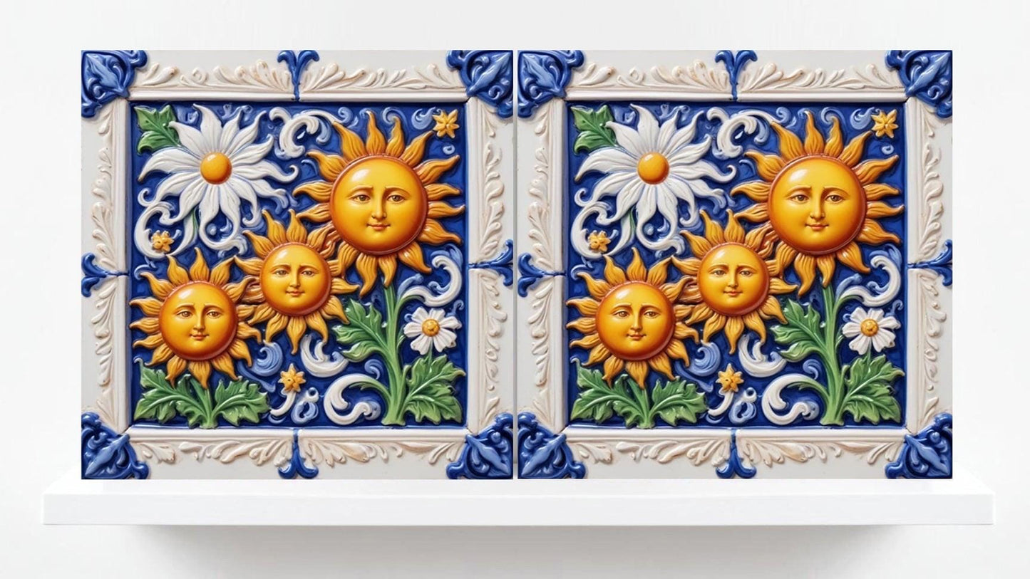 Sun Tile Sicilian Tiles - Set of 2 Mediterranean Wall Decor Tiles - Kitchen Backsplash, Bathroom ,Shower Wall, Italian Tiles,Sink Splashb