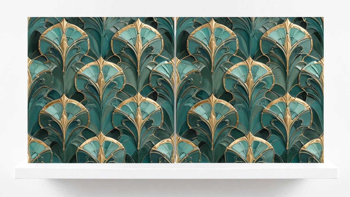 Art Deco Ceramic Tiles Green- Set of 2 Art Deco Wall Decor Geometric Tiles - Kitchen Backsplash , Sink Splashback,Shower, Bathroom Wall Tile