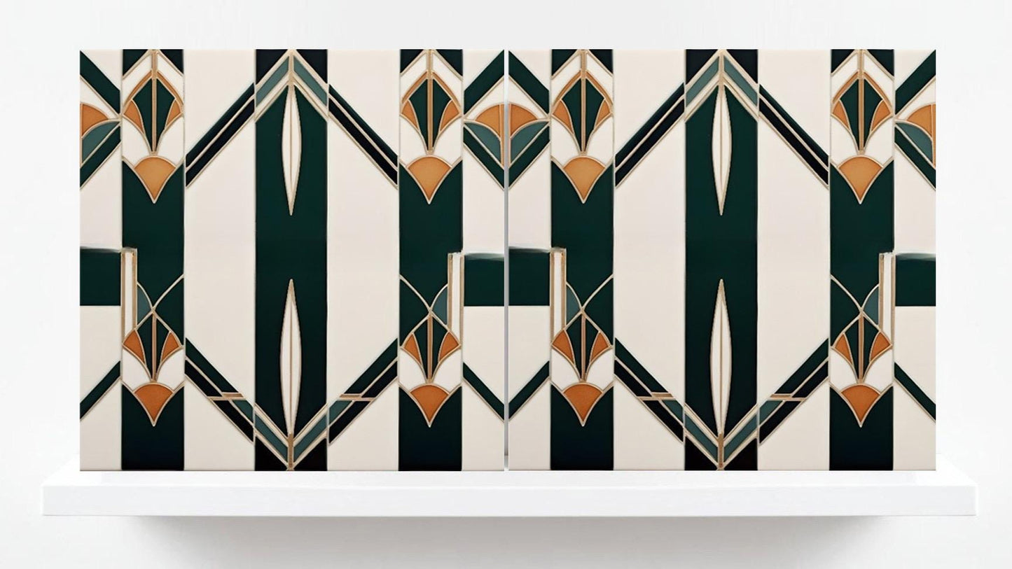 Art Deco Ceramic tiles - Set of 2 Wall Decor Geometric Tiles - Kitchen Backsplash,Fireplace,Bathroom,Shower Wall Art,Sink Splashback,Coaster