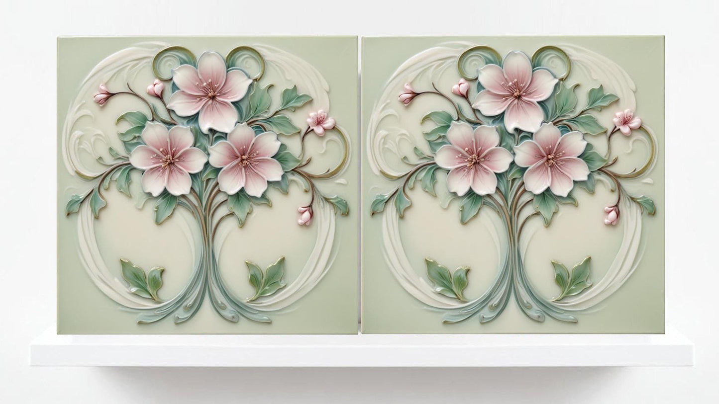 Art Nouveau Flower Ceramic Floral Tiles - Set of 2 Botanical Wall Decor Tile - Kitchen Backsplash,Bathroom, Sink Splashback,Fireplace,Shower