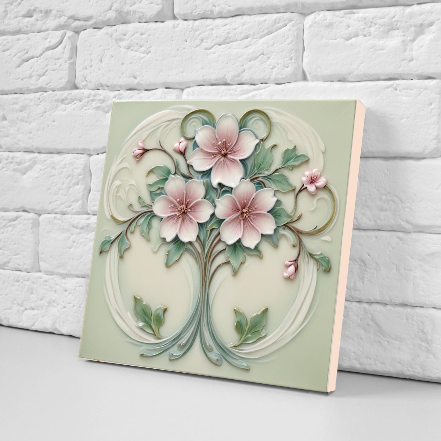 Art Nouveau Flower Ceramic Floral Tiles - Set of 2 Botanical Wall Decor Tile - Kitchen Backsplash,Bathroom, Sink Splashback,Fireplace,Shower
