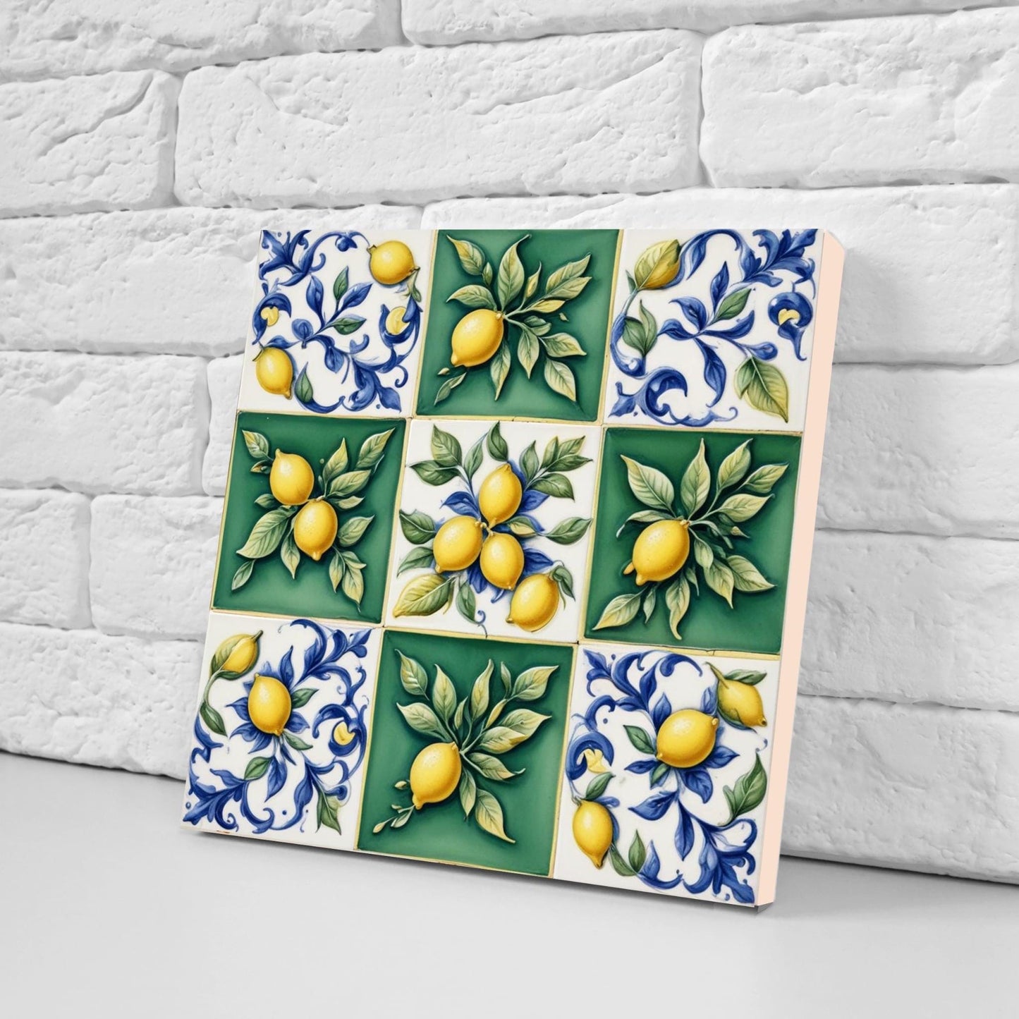 Italian Majolica Lemon Tiles - Set of 2 Mediterranean Wall Decor Tiles -Kitchen Backsplash,Bathroom,Shower Wall,Fireplace, Sink Splashback