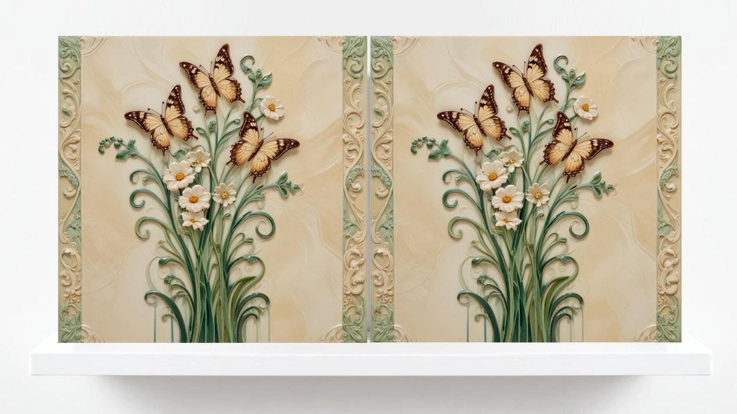 Butterfly Tile-Set of 2 Art Nouveau Botanical Tiles Wall Decor print-Kitchen Backsplash,Home Decor,Bathroom,Shower,Sink Splashback,Fireplace