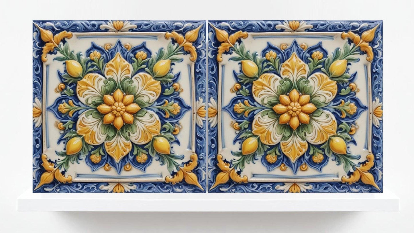 Italian Majolica Tiles Flower -Set of 2 Sicilian Wall Decor Tiles-Kitchen Backsplash Tiles, Sink Splashback,Bathroom,Shower Wall Art,Coaster