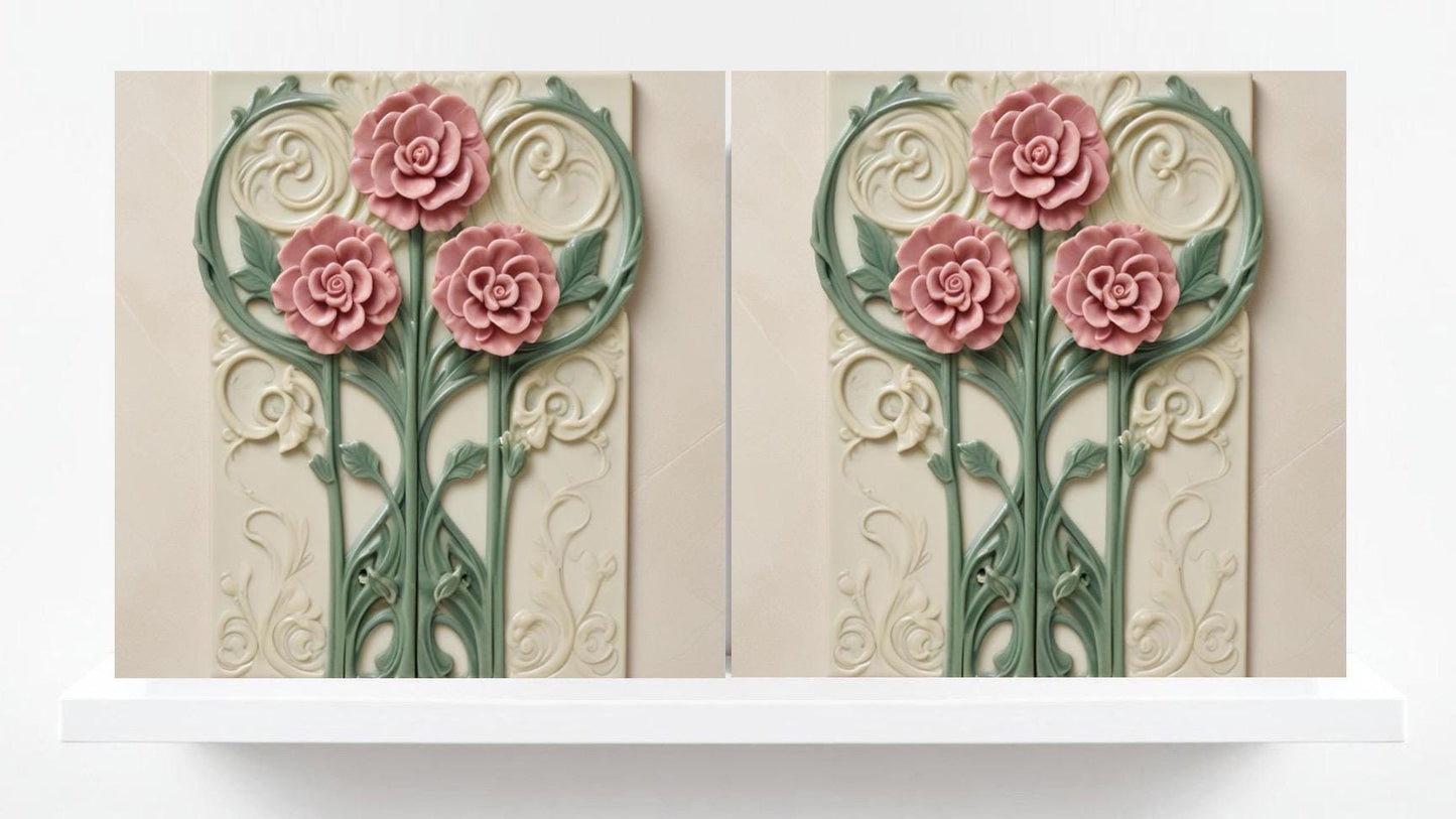 Art Nouveau Tile Rose Flower Ceramic Tiles - Set of 2 Botanical Print Wall Decor -Kitchen Backsplash,Bathroom, Shower Wall,Sink Splashback,