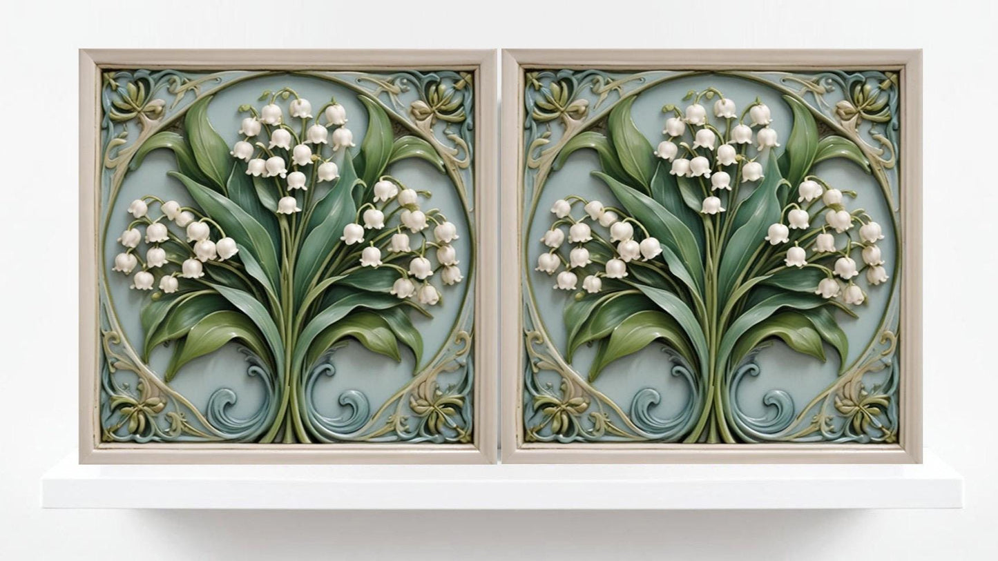 Lily of the Valley Art Nouveau Flower Ceramic Tiles -Set of 2 Botanical Wall Decor - Kitchen Backsplash,Sink Splashback,Shower,Bathroom Wall