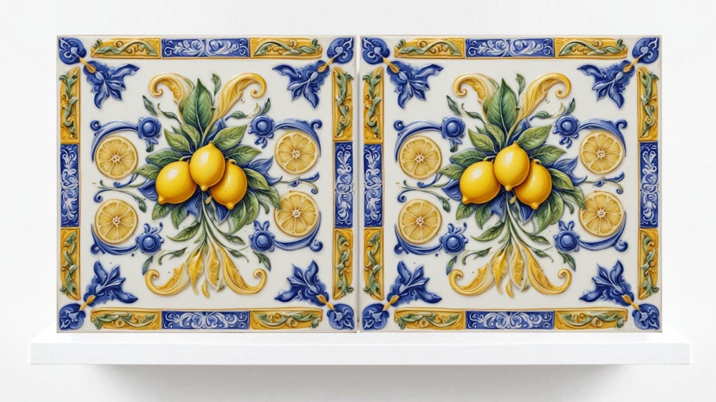 Italian Majolica Lemon Tiles - Set of 2 Mediterranean Wall Decor Tiles - Kitchen Backsplash Tiles, Shower,Bathroom Wall, Coaster, Sink Splas