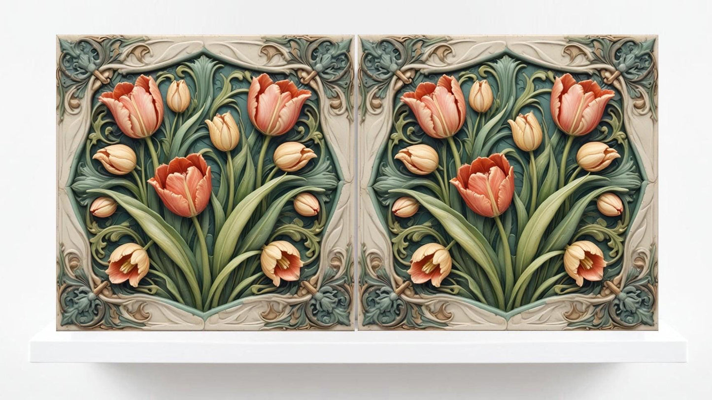 Tulip Tile Art Nouveau Flower Ceramic Tiles - Set of 2 Botanical Wall Decor Tiles - Kitchen Backsplash,Bathroom,Shower,Sink Splashback