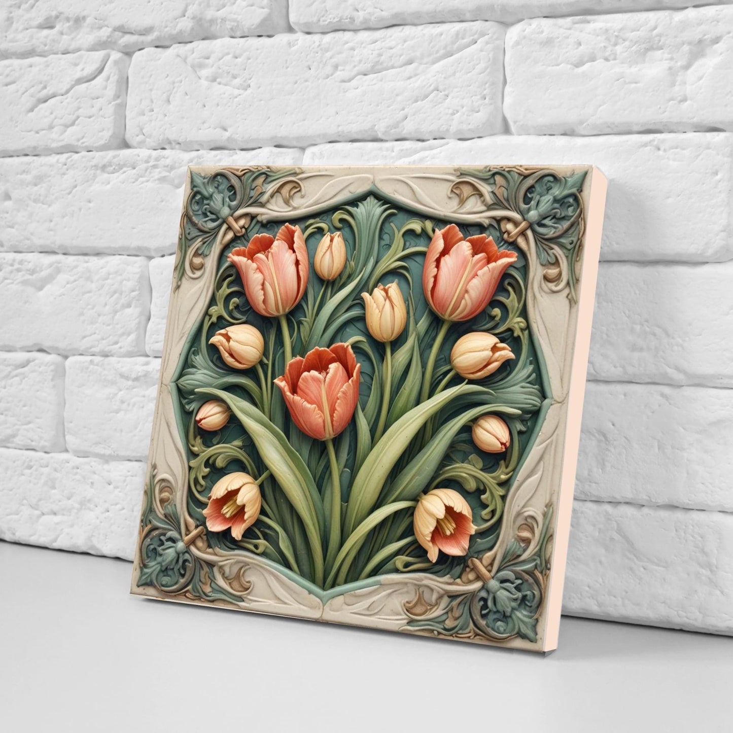 Tulip Tile Art Nouveau Flower Ceramic Tiles - Set of 2 Botanical Wall Decor Tiles - Kitchen Backsplash,Bathroom,Shower,Sink Splashback