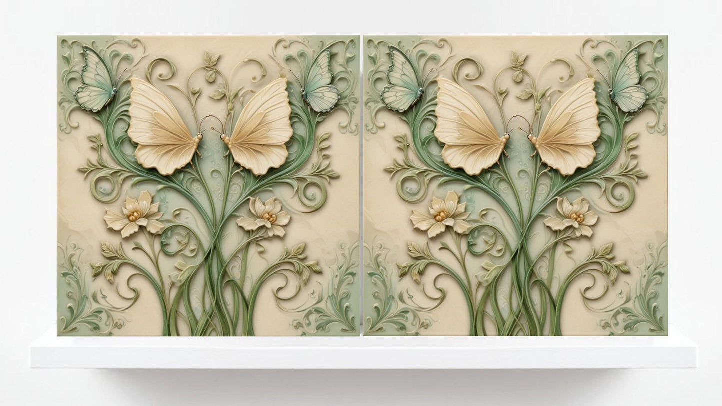 Butterfly Tile - Set of 2 Green Art Nouveau Botanical Tiles Wall Decor print -Kitchen Backsplash,Bathroom, Shower,Sink Splashback,Fireplace
