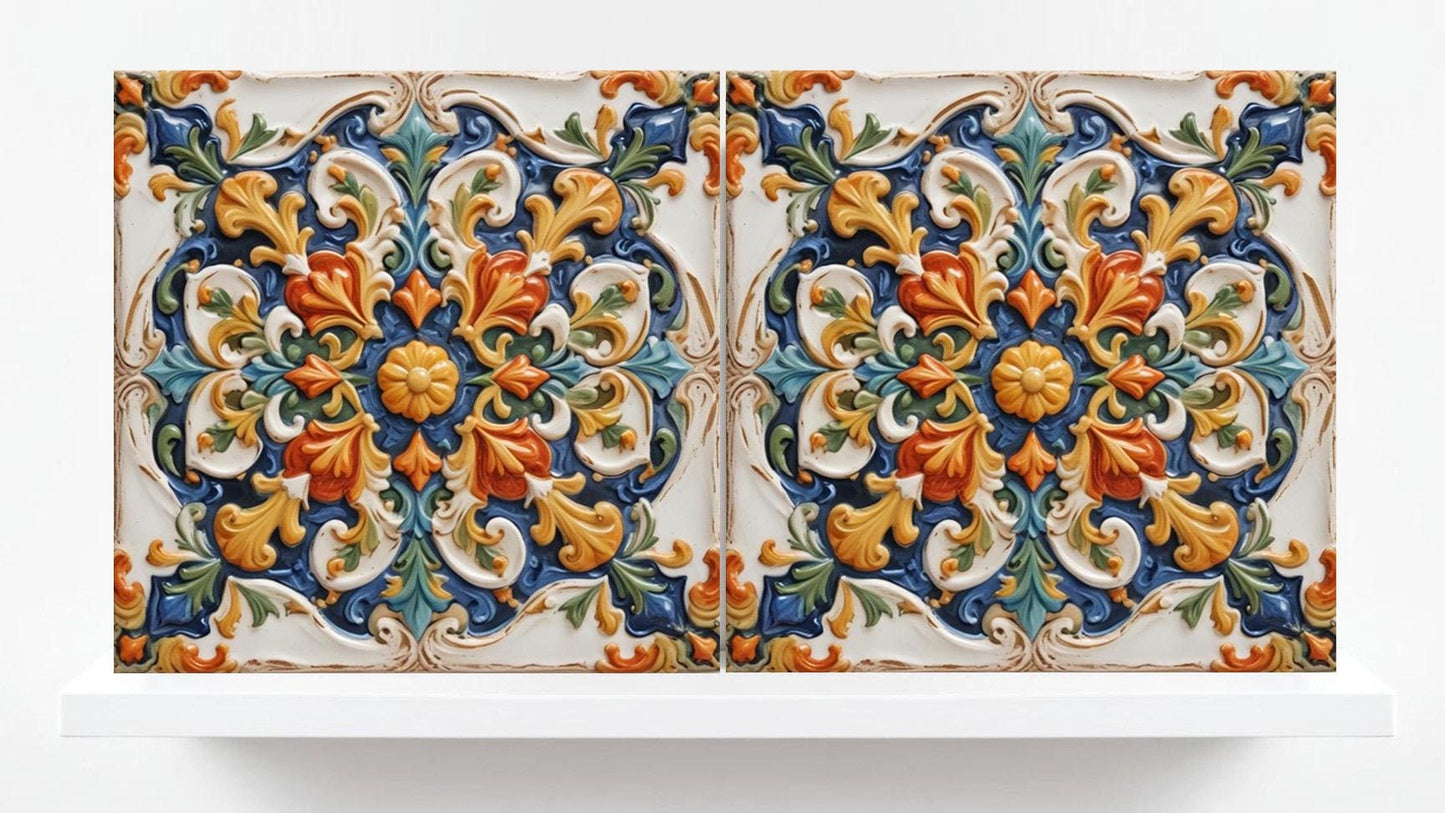 Italian Majolica Tiles - Set of 2 Sicilian Wall Decor Tile - Kitchen Backsplash, Sink Splashback,Bathroom,Shower Wall Art,Fireplace,Coaster
