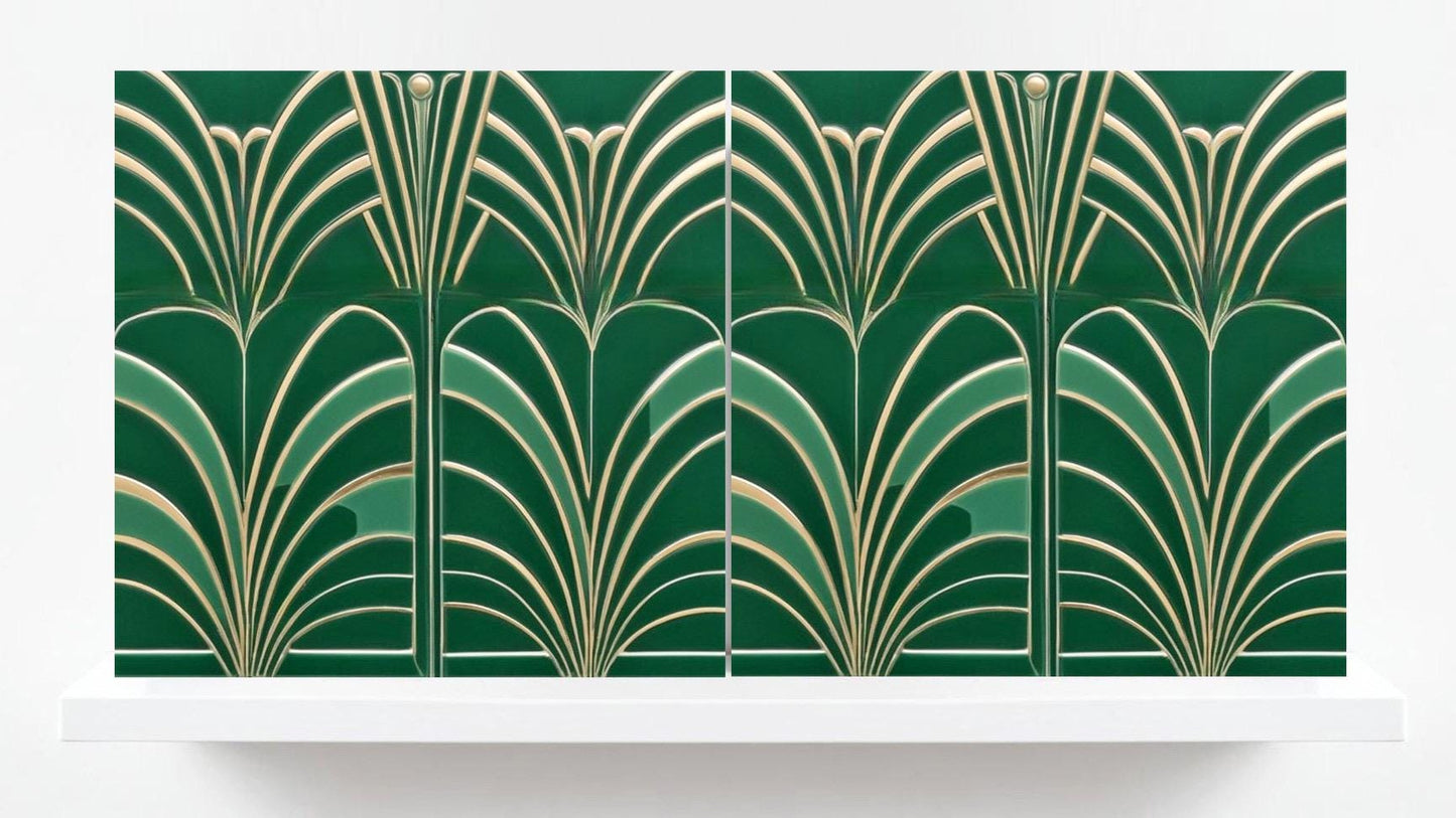 Art Deco Ceramic Tiles Green- Set of 2 Art Deco Wall Decor Geometric Tiles-Kitchen Backsplash,Shower,Bathroom Wall,Sink Splashback,Fireplace