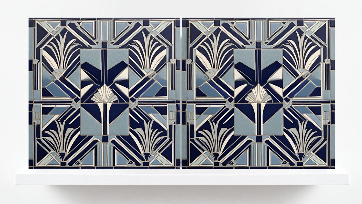 Art Deco Ceramic tiles Blue - Set of 2 Wall Decor Geometric Tiles - Kitchen Backsplash , Bathroom,Sink Splashback, Accent Wall Art,Fireplace