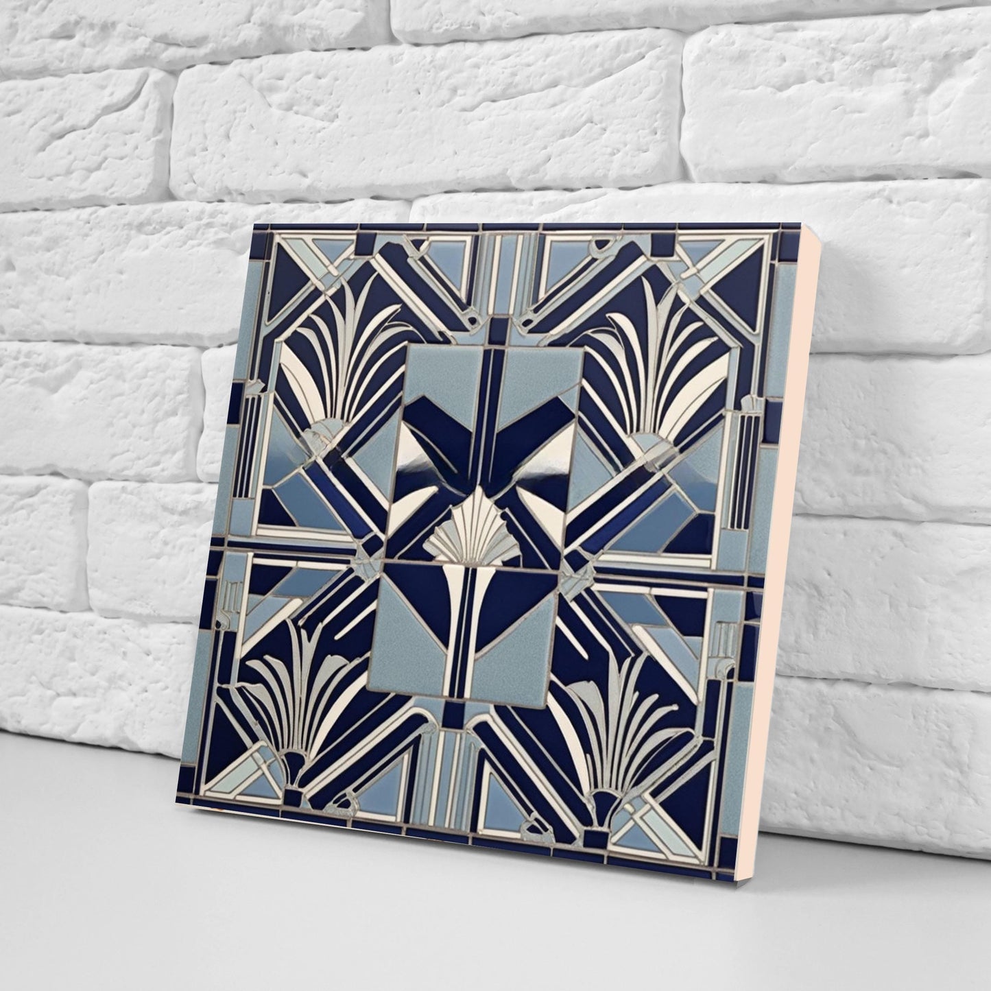 Art Deco Ceramic tiles Blue - Set of 2 Wall Decor Geometric Tiles - Kitchen Backsplash , Bathroom,Sink Splashback, Accent Wall Art,Fireplace