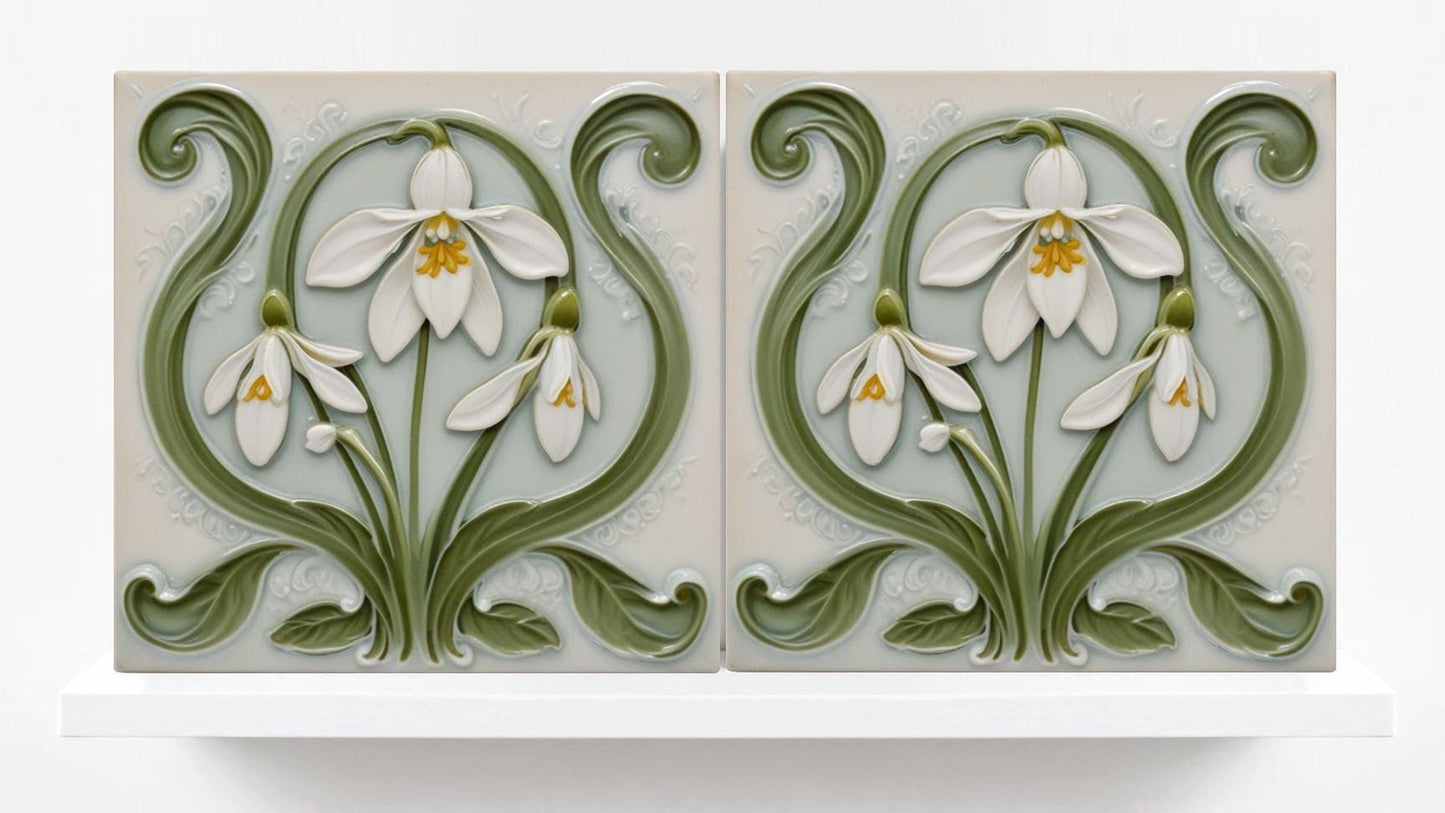 Snowdrop Tile Botanical Print Flower Ceramic Tiles -Set of 2 White Art Nouveau Wall Decor-Kitchen Backsplash Tiles,Bathroom,Shower Wall,Sink