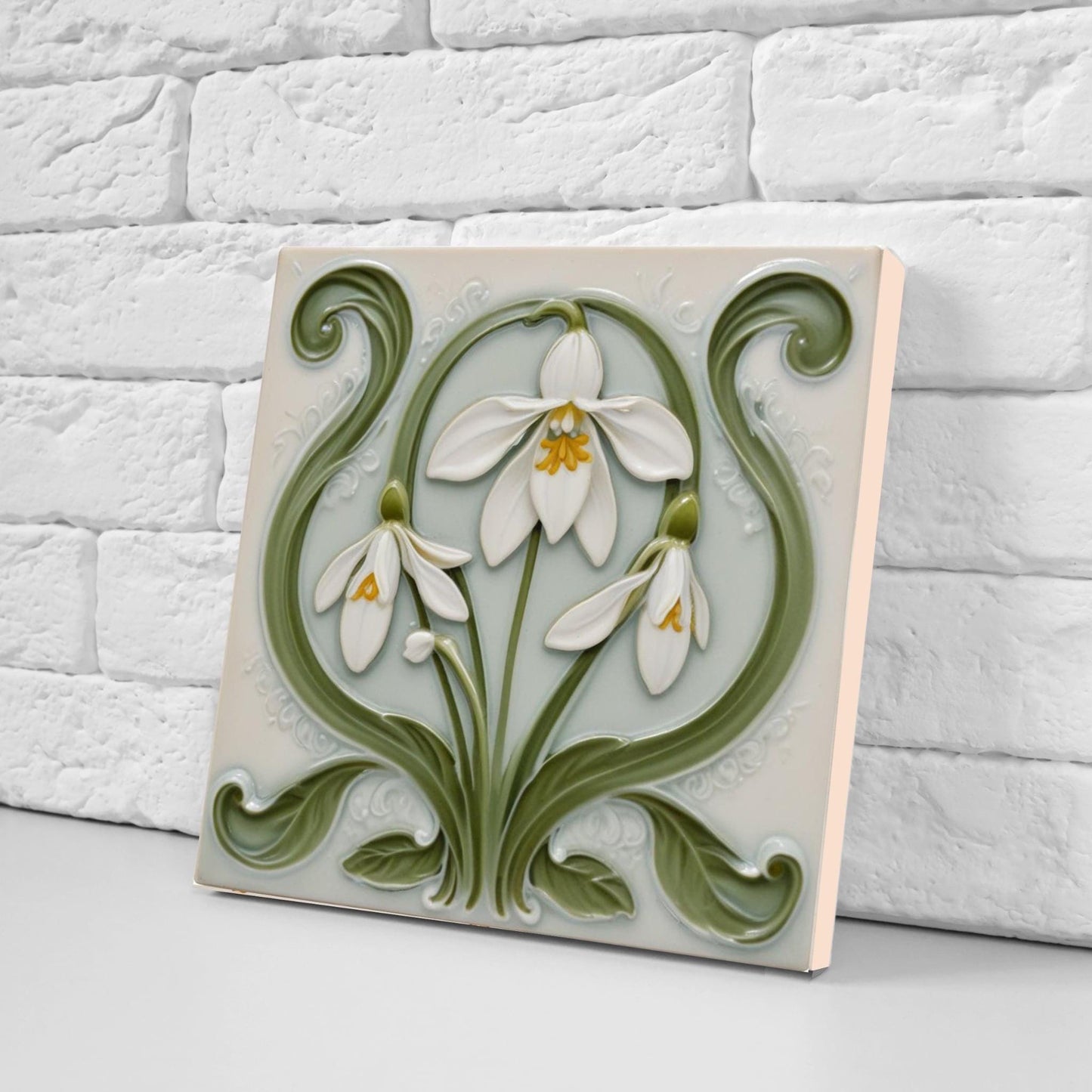 Snowdrop Tile Botanical Print Flower Ceramic Tiles -Set of 2 White Art Nouveau Wall Decor-Kitchen Backsplash Tiles,Bathroom,Shower Wall,Sink