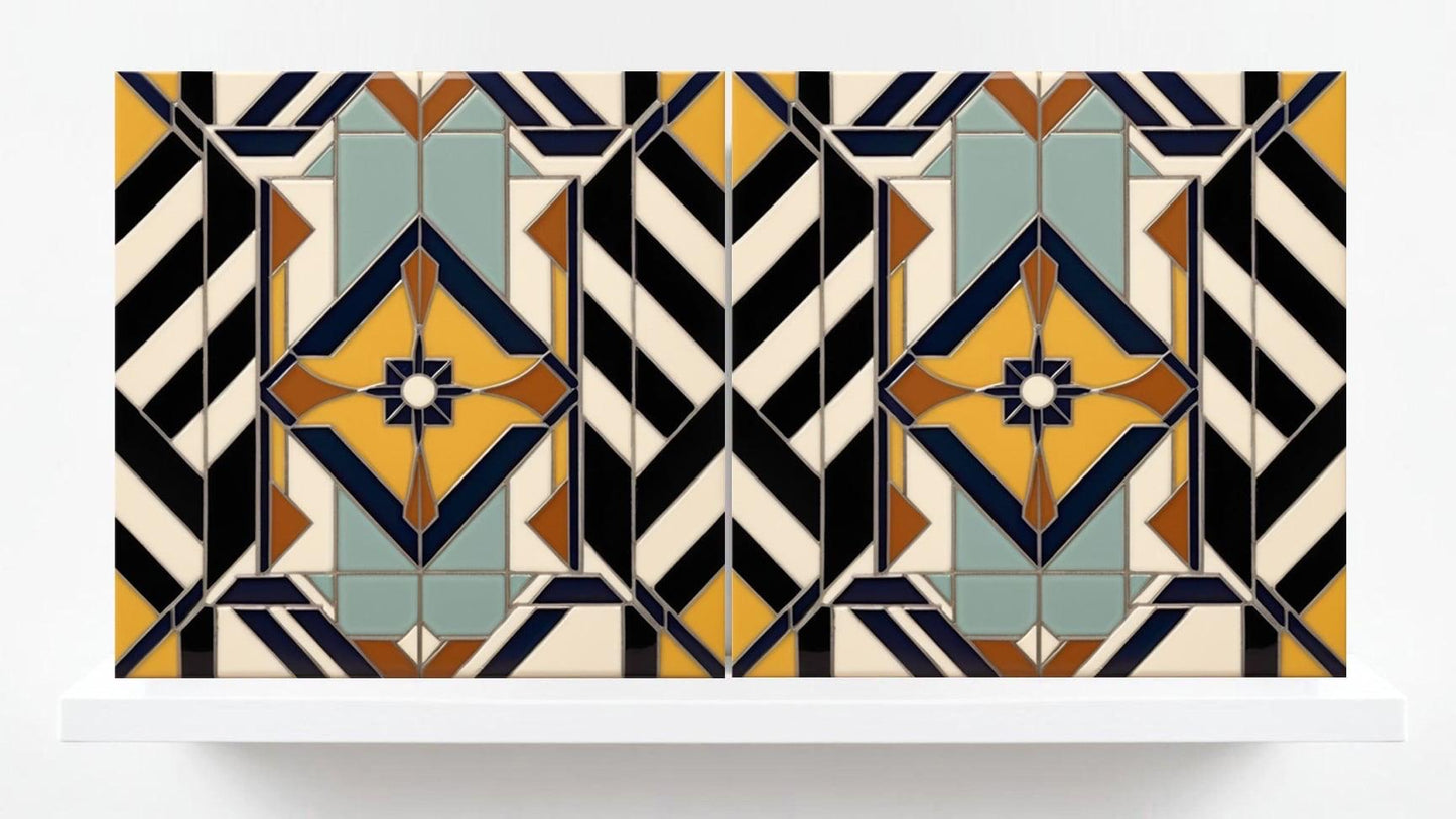 Art Deco Ceramic tiles - Set of 2 Art Deco Wall Decor Geometric Tiles - Kitchen Backsplash, Bathroom, Shower Wall, Sink Splashback,Fireplace
