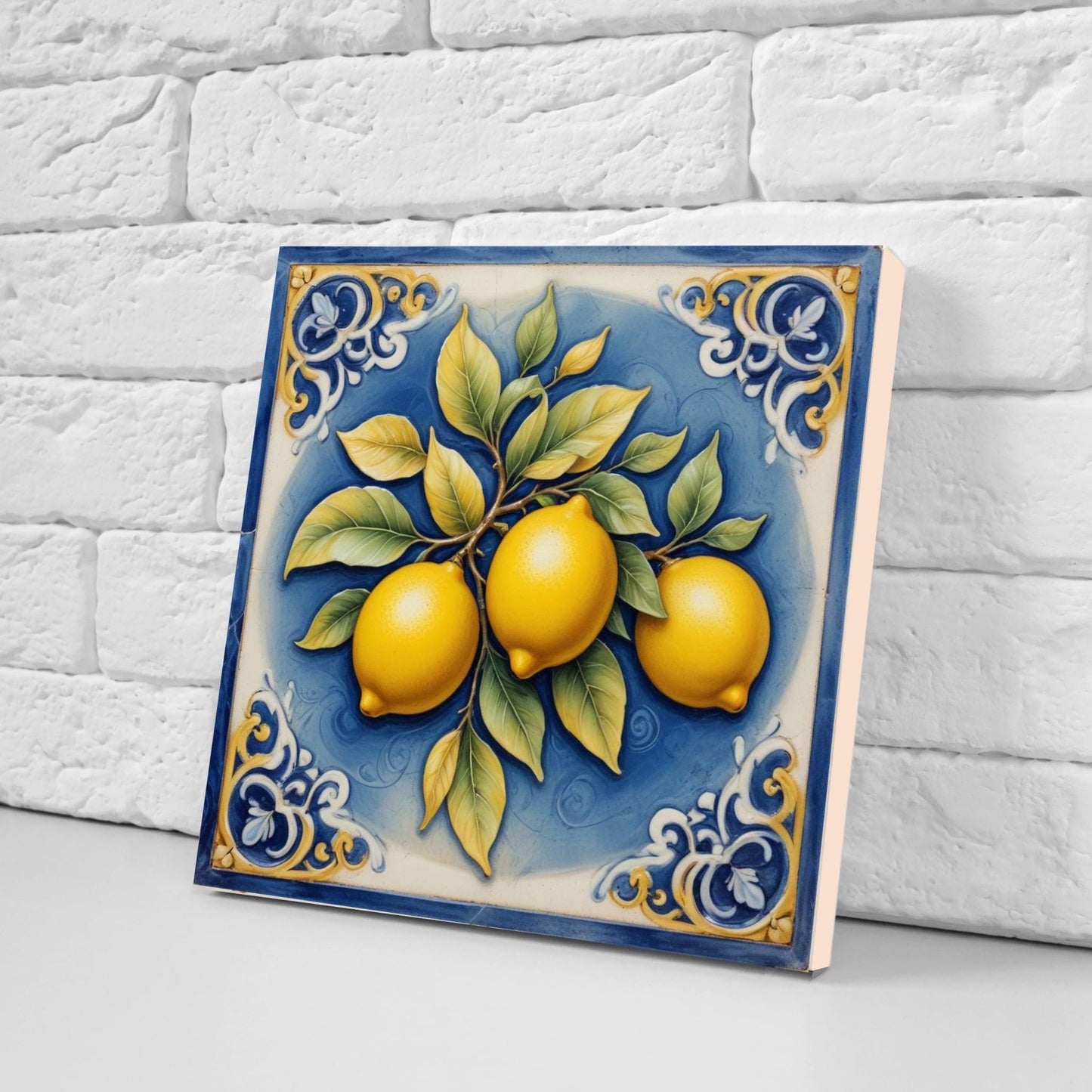 Lemon Tile - Blue Majolica - Set of 2 Italian Wall Decor Tiles - Kitchen Backsplash,Shower,Bathroom Wall,Sink Splashback, Coaster,Fireplace