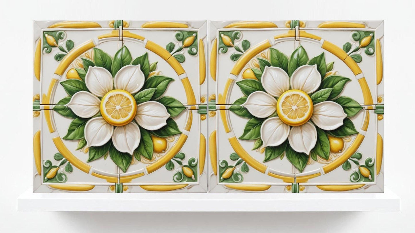 Italian Majolica Lemon Tiles - Set of 2 Mediterranean Wall Decor Sicilian Tiles - Kitchen Backsplash, Shower,Bathroom Wall, Sink Splashback