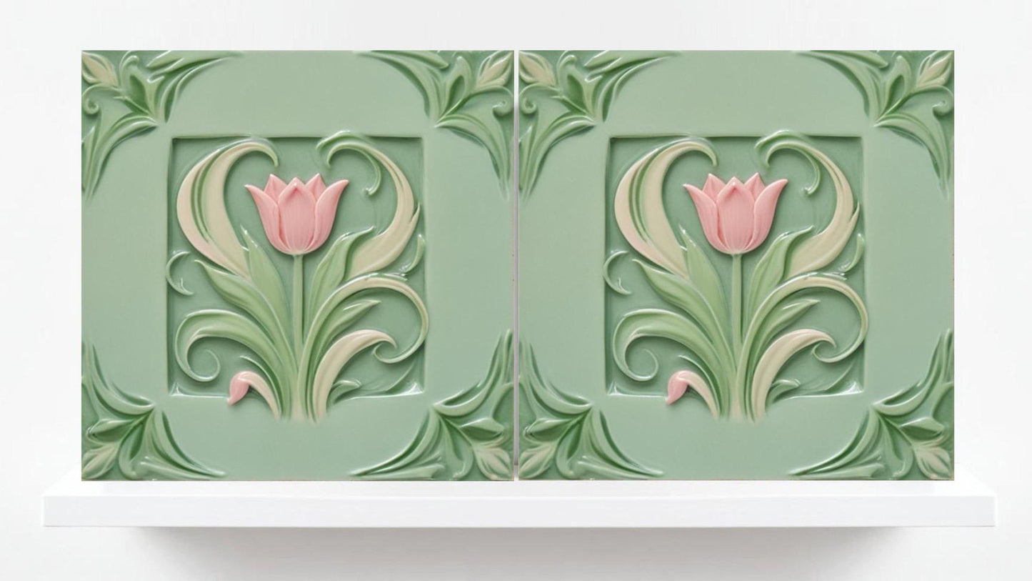 Art Nouveau Flower Ceramic Tulip Tiles - Set of 2 Art Nouveau Green Wall Decor - Kitchen Backsplash Tiles, Shower Wall Tiles Sink Splashback