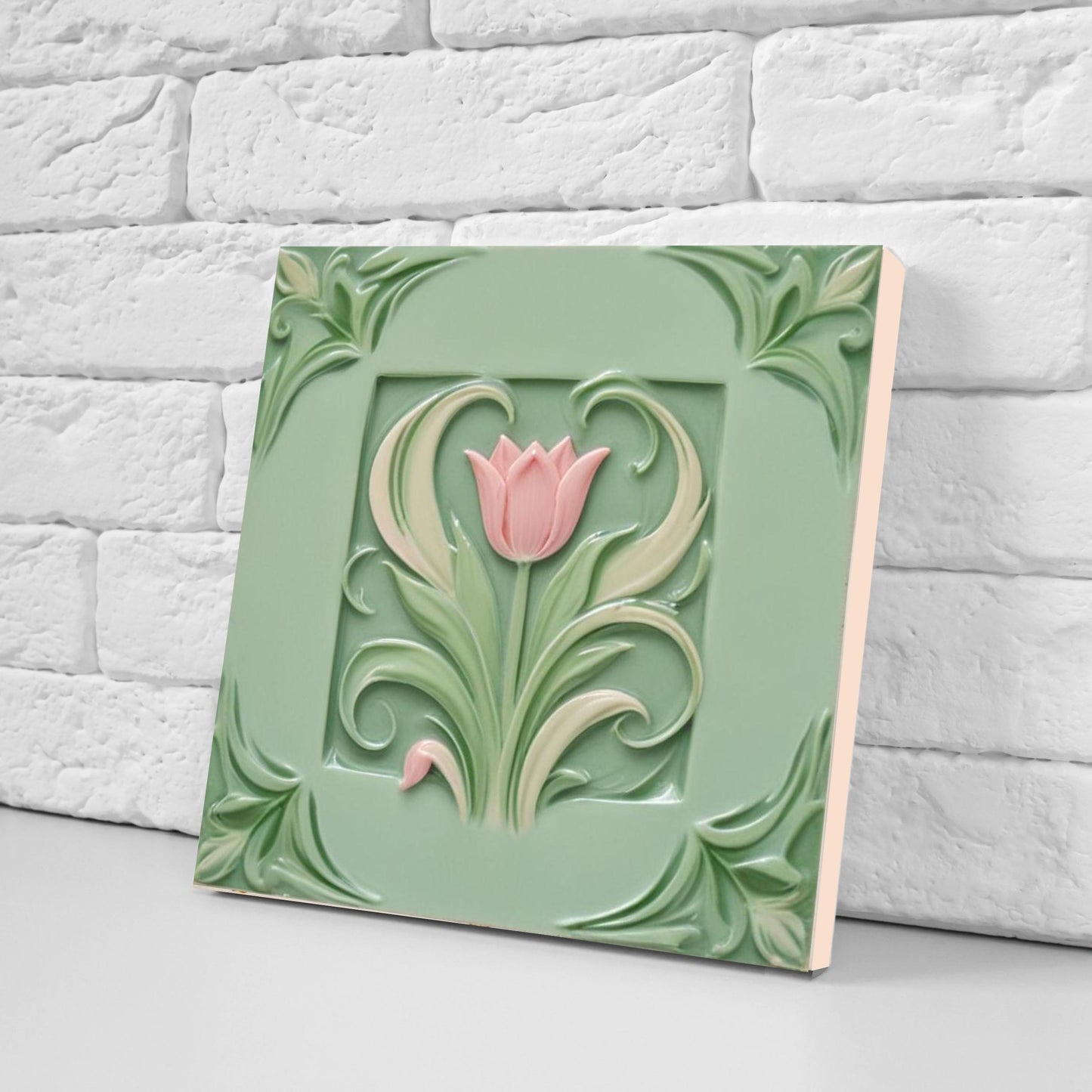 Art Nouveau Flower Ceramic Tulip Tiles - Set of 2 Art Nouveau Green Wall Decor - Kitchen Backsplash Tiles, Shower Wall Tiles Sink Splashback