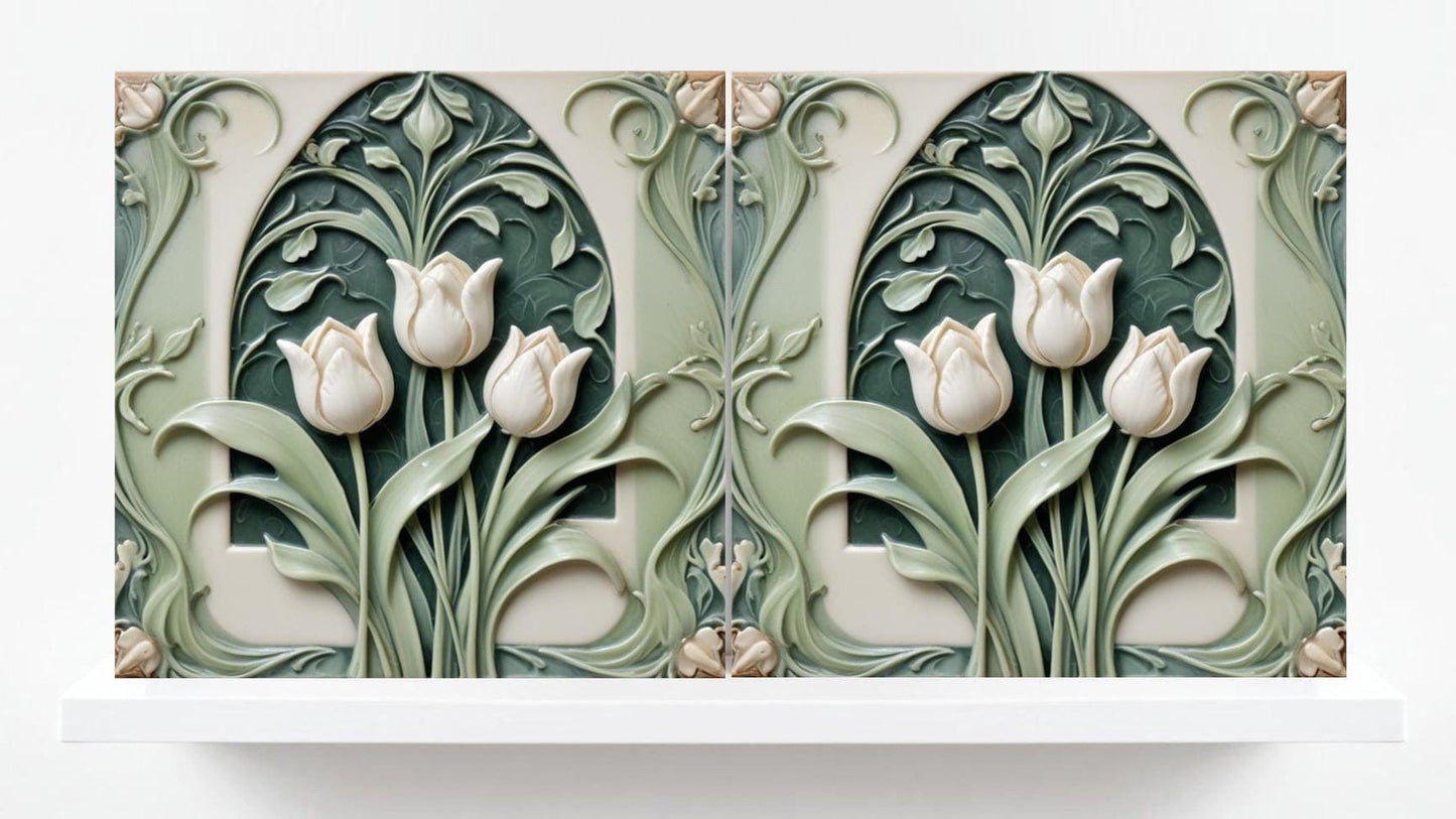 Tulip Tile Art Nouveau Flower Ceramic Tiles - Set of 2 Art Nouveau Green Wall Decor Tiles - Kitchen Backsplash Tiles, Bathroom, Shower, Sink