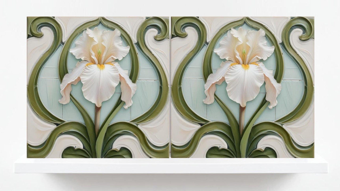Iris Tile - Art Nouveau Flower Ceramic tiles - Set of 2 Botanical Wall Decor Tiles - Iris Print, Kitchen Backsplash,Bathroom Shower Wall Art