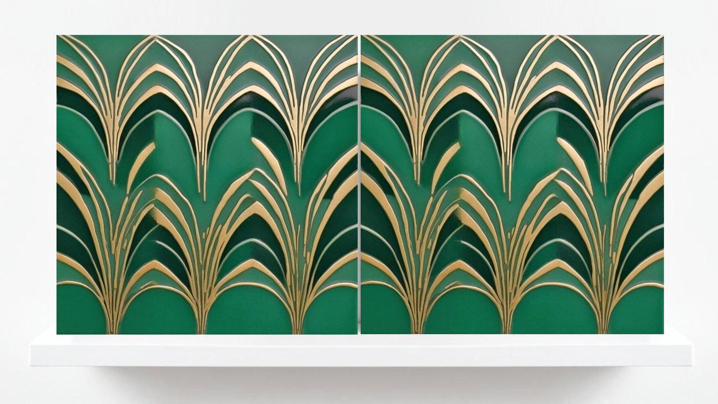 Art Deco Ceramic Tiles Green-Set of 2 Art Deco Wall Decor Geometric Tiles -Kitchen Backsplash,Shower,Bathroom Wall,Sink Splashback,Fireplace
