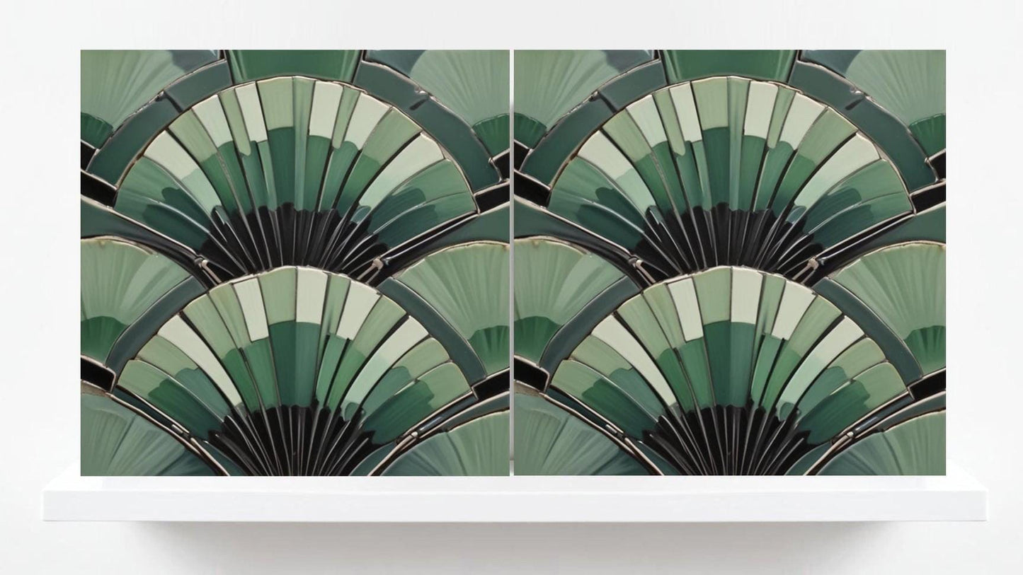 Art Deco Ceramic Tiles Green-Set of 2 Art Deco Wall Decor Geometric Tiles -Kitchen Backsplash,Shower,Bathroom Wall,Sink Splashback,Fireplace