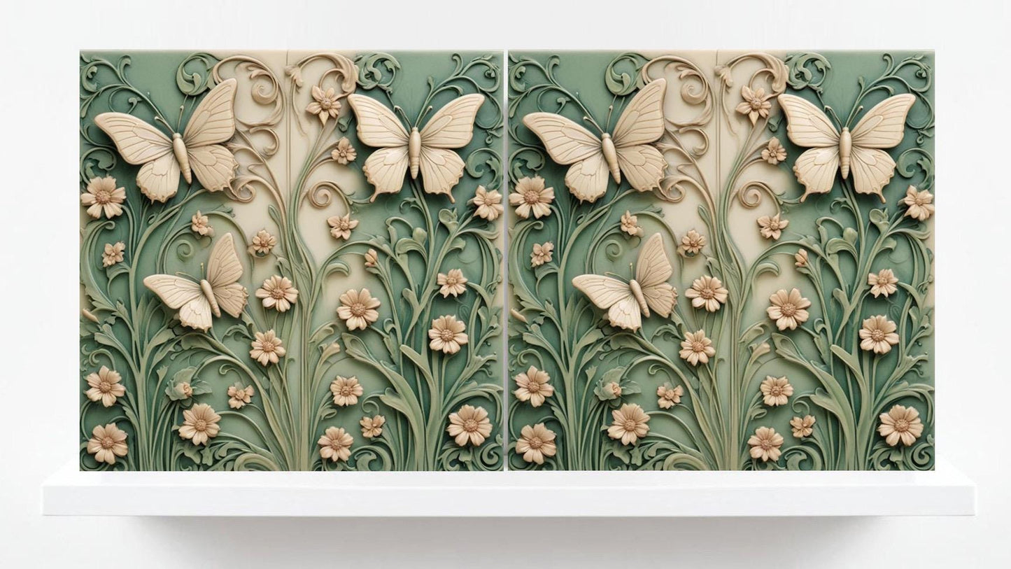 Butterfly Tile - Set of 2 Green Art Nouveau Tiles Floral Wall Decor Art print -Kitchen Backsplash ,Bathroom,Shower,Sink Splashback,Fireplace