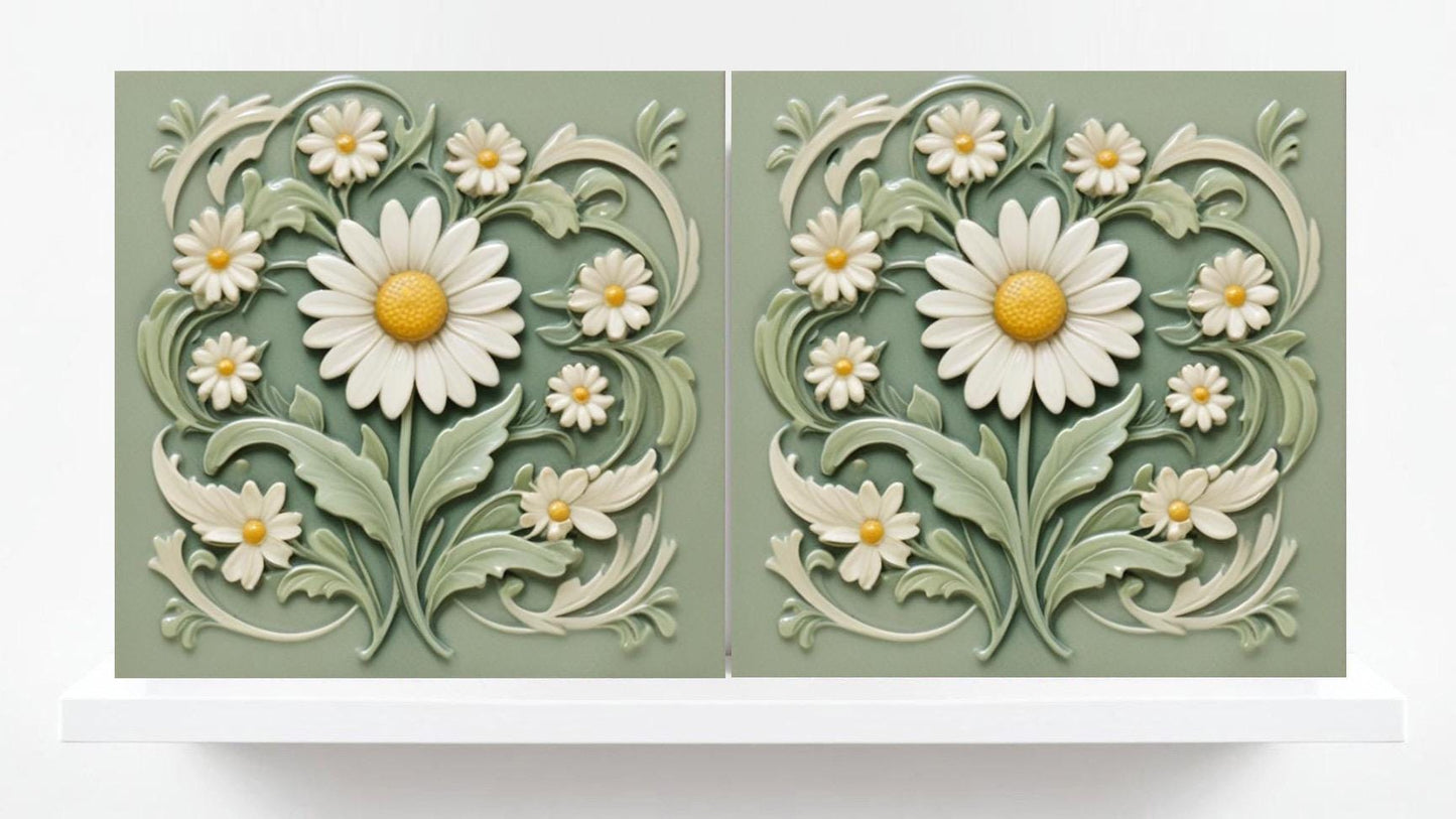 Daisy Tile for Backsplash, Flower Design Wall Art -Set of 2 Flowers Daisies Wall Decor Tiles, Kitchen Backsplash, Bathroom, Sink Splashback
