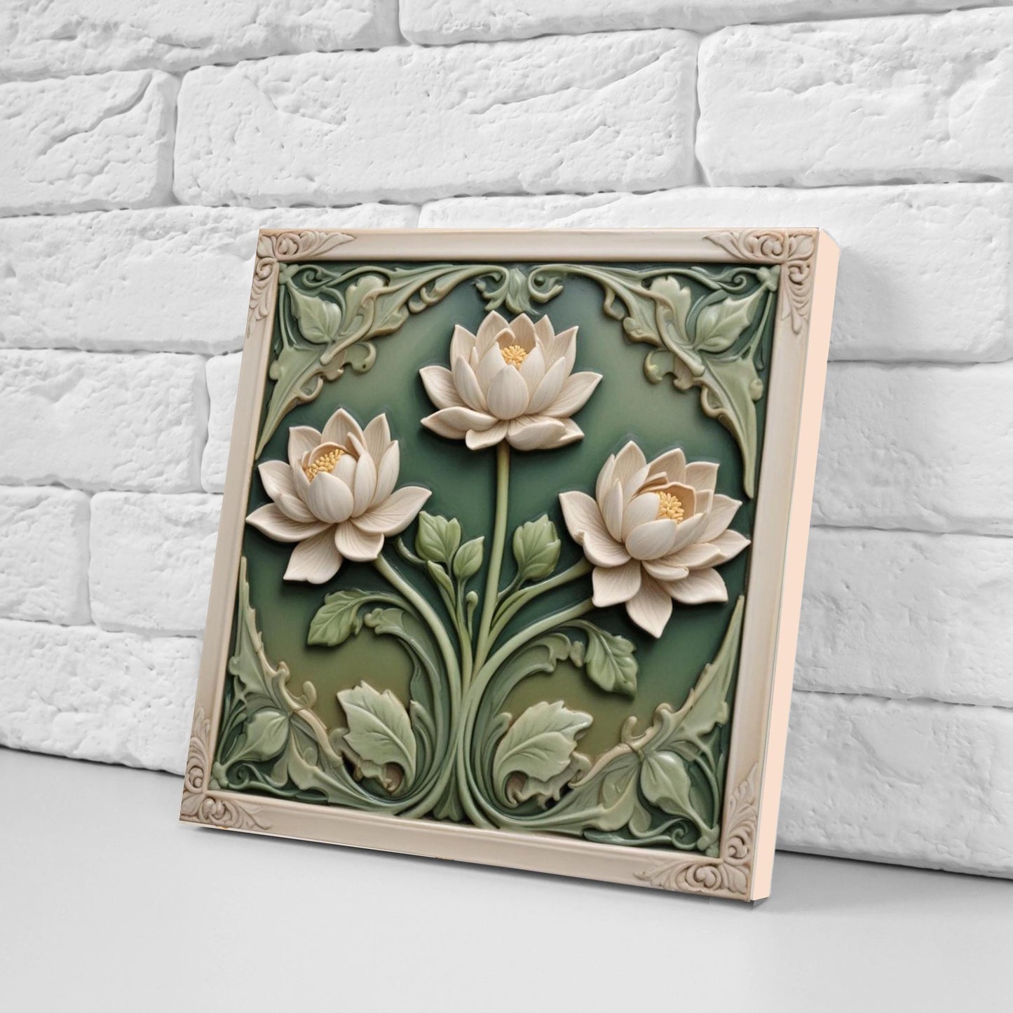 Lotus Tile Art Nouveau Flower Ceramic Tiles - Set of 2 Art Nouveau Green Wall Decor,Kitchen Backsplash,Shower,Bathroom Wall,Sink splashback