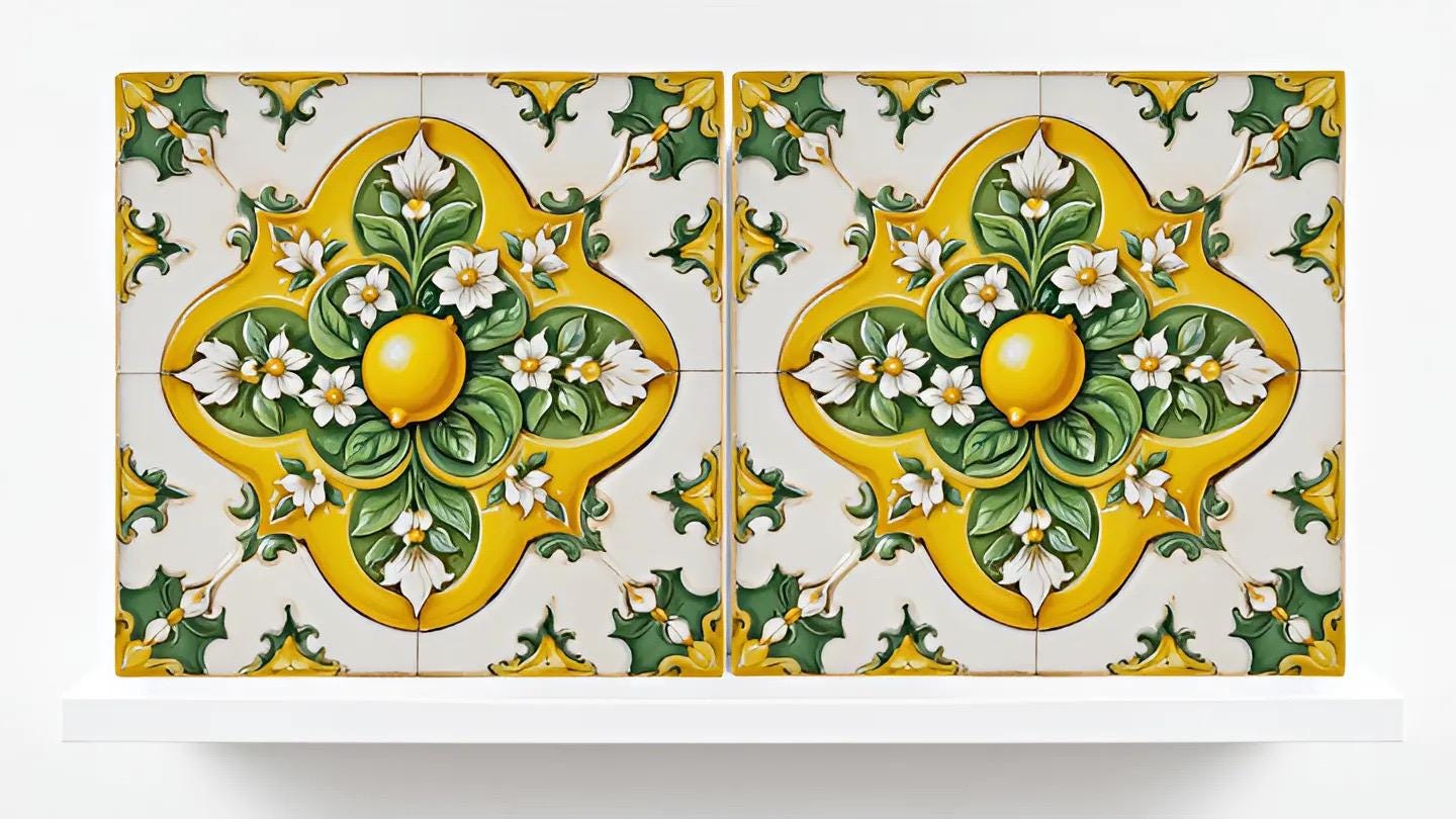 Italian Majolica Lemon Tiles - Set of 2 Mediterranean Wall Decor Tiles -Kitchen Backsplash, Table Decorative,Bathroom, Shower Wall,Fireplace