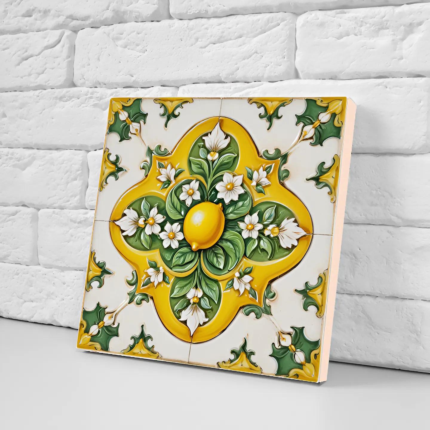 Italian Majolica Lemon Tiles - Set of 2 Mediterranean Wall Decor Tiles -Kitchen Backsplash, Table Decorative,Bathroom, Shower Wall,Fireplace