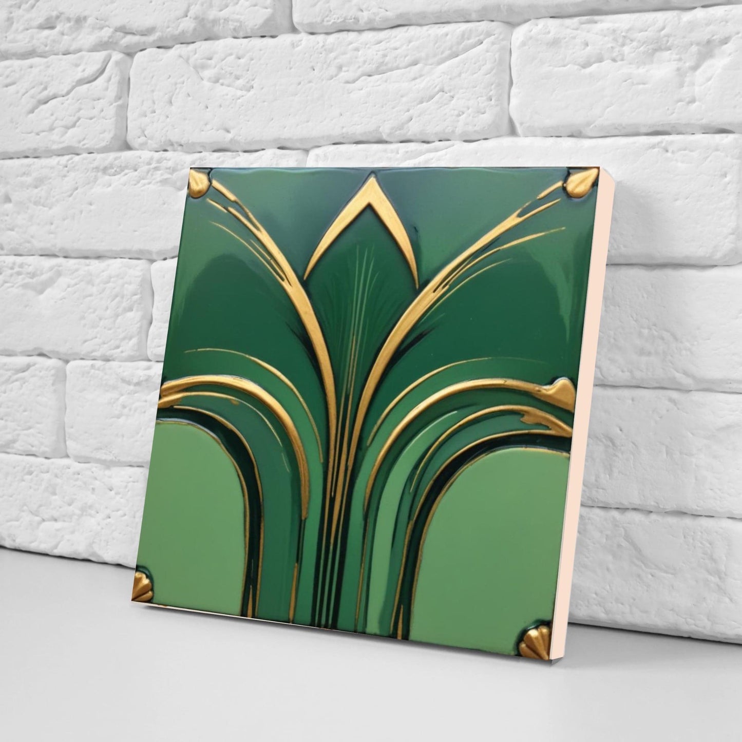 Art Deco Green Tiles-Set of 2 Art Deco Ceramic Wall Decor Geometric Tiles -Kitchen Backsplash,Shower,Bathroom Wall,Sink Splashback,Fireplace