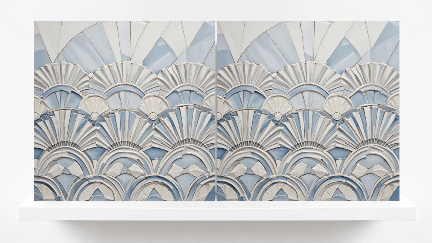Art Deco Tile Blue - Set of 2 Art Deco Ceramic Wall Decor Geometric Tiles - Kitchen Backsplash , Bathroom, Sink Splashback, Accent Wall Art