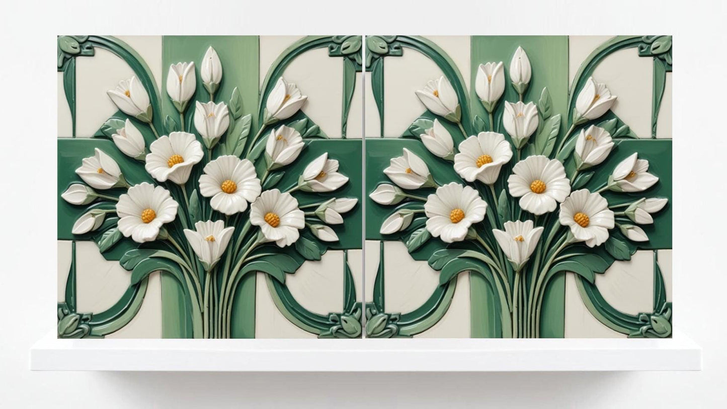 Art Nouveau Floral Tiles - Set of 2 Botanical Ceramic Wall Decor Tiles - Kitchen Backsplash,Shower,Bathroom Wall,Sink Splashback, Fireplace