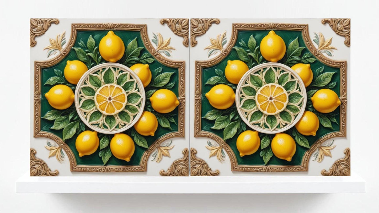 Italian Majolica Lemon Tiles - Set of 2 Sicilian Wall Decor Tiles -Kitchen Backsplash,Bathroom,Shower Wall,Sink Splashback,Fireplace,Coaster