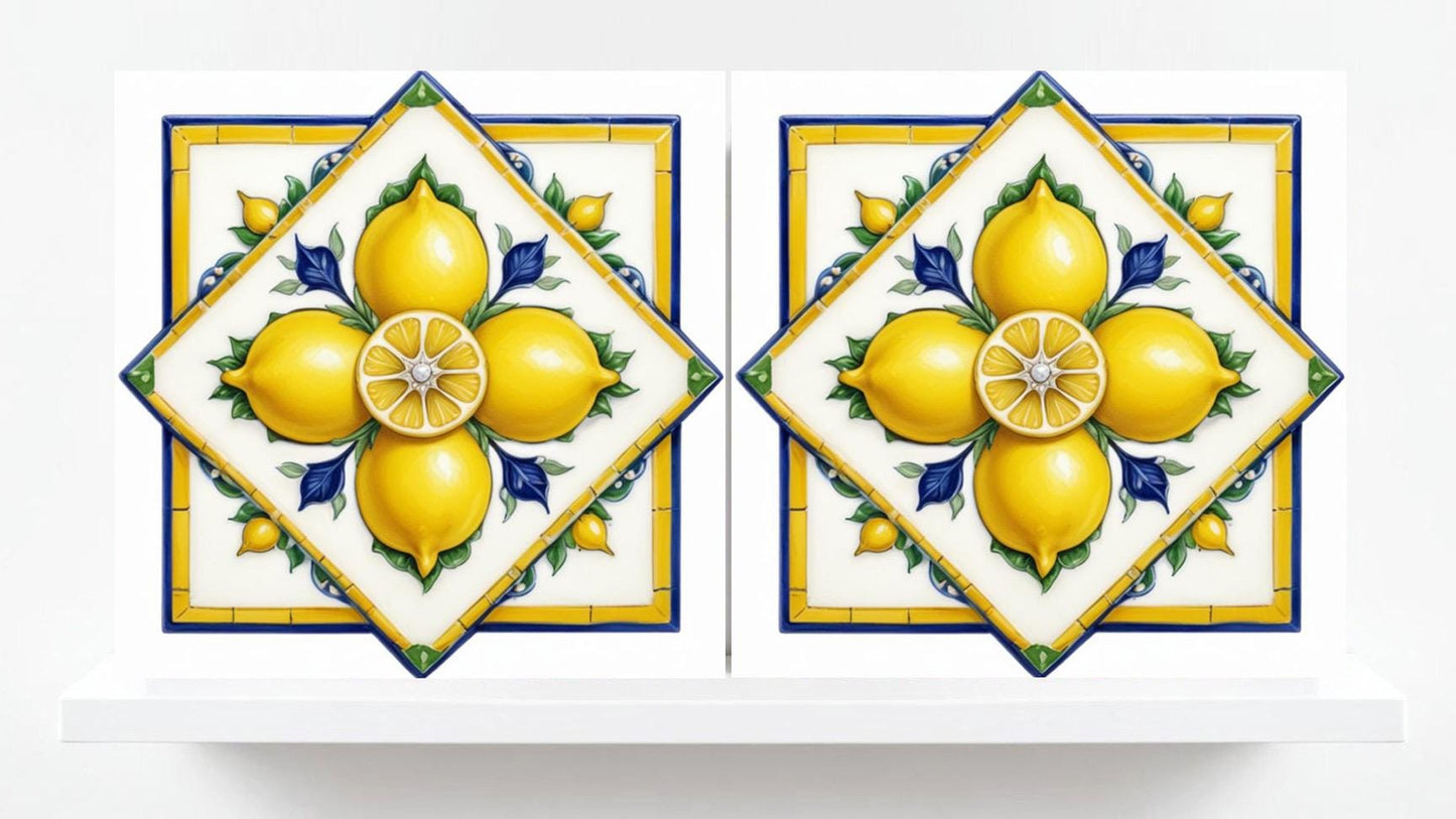 Italian Majolica Lemon Tiles-Set of 2 Mediterranean Sicilian Wall Decor Tiles -Kitchen Backsplash,Bathroom,Shower Wall,Fireplace, Splashback
