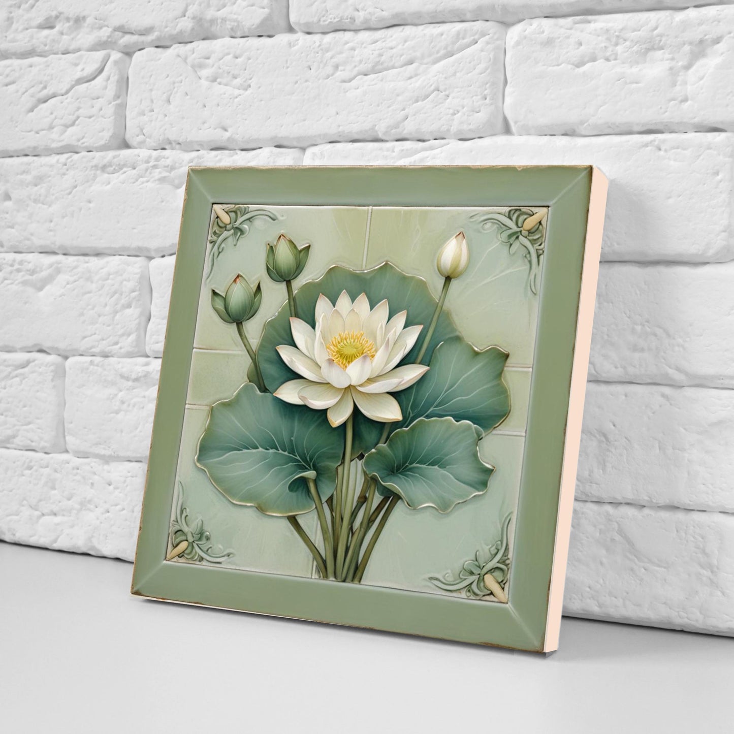Lotus Tile Art Nouveau Flower Ceramic Tiles - Set of 2 Art Nouveau Green Wall Decor,Kitchen Backsplash,Shower,Bathroom Wall,Sink splashback