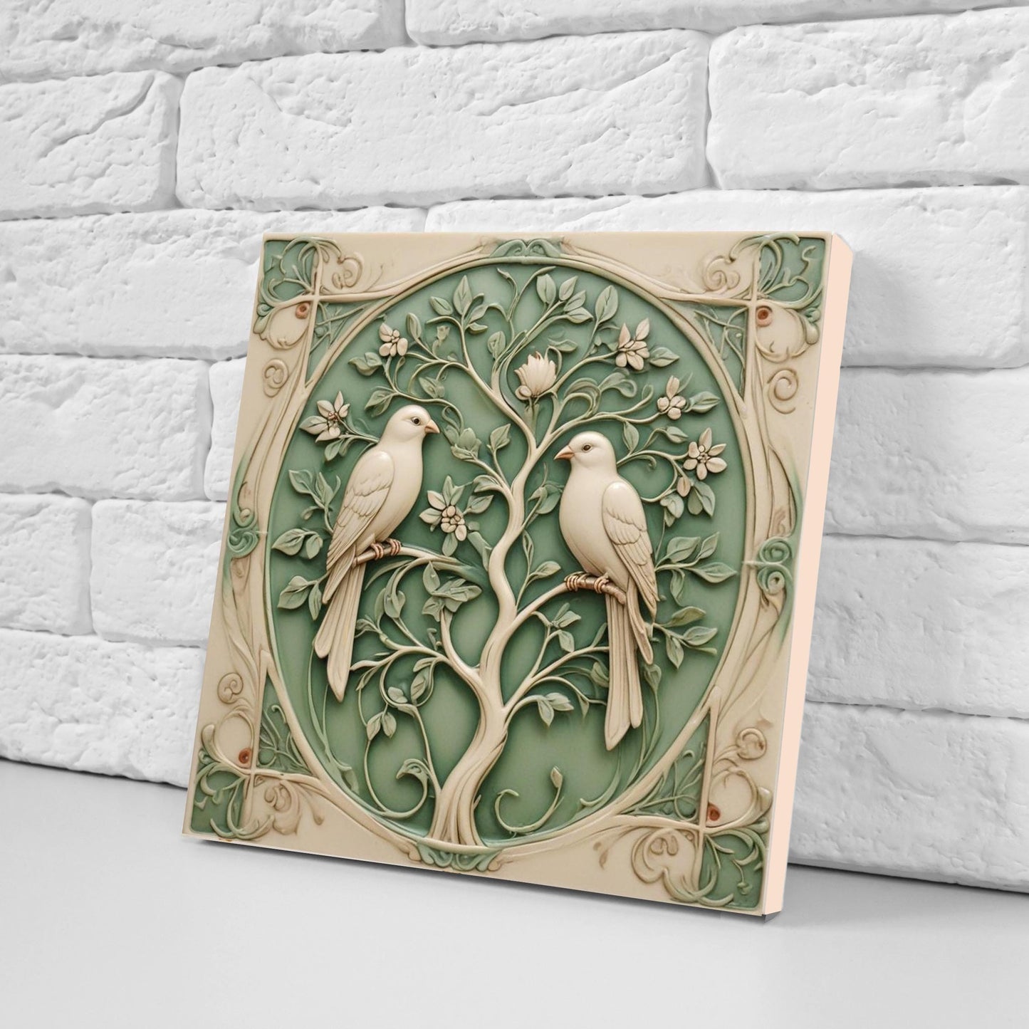 Art Nouveau Green Bird and Flower Tree Ceramic tiles-Set of 2 Botanical Tiles Birds Wall Decor,Birds Tiles-Kitchen Backsplash Tiles,Bathroom