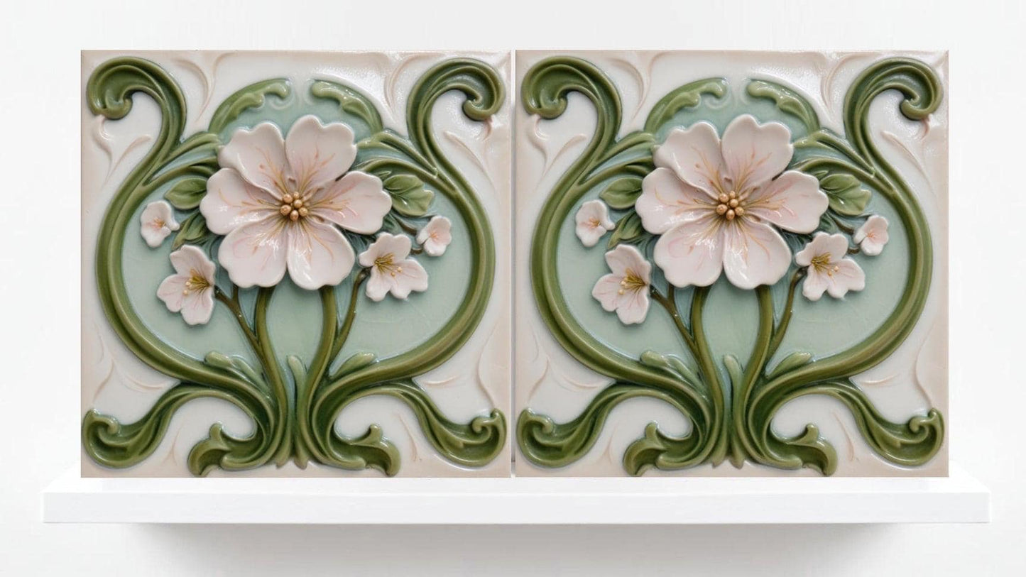 Art Nouveau Flower Ceramic Tiles - Set of 2 Botanical Wall Decor Tiles - Kitchen Backsplash,Shower, Bathroom Wall,Sink Splashback, Fireplace