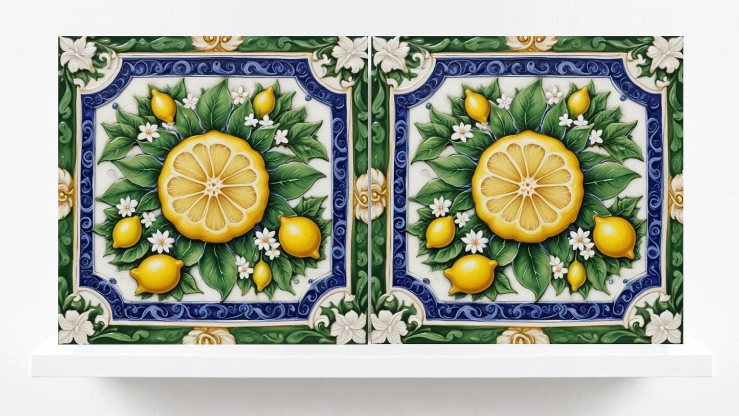 Italian Majolica Lemon Fruit Tiles - Set of 2 Mediterranean Wall Decor -Kitchen Backsplash,Bathroom, Shower Wall,Fireplace,Sink Splashback