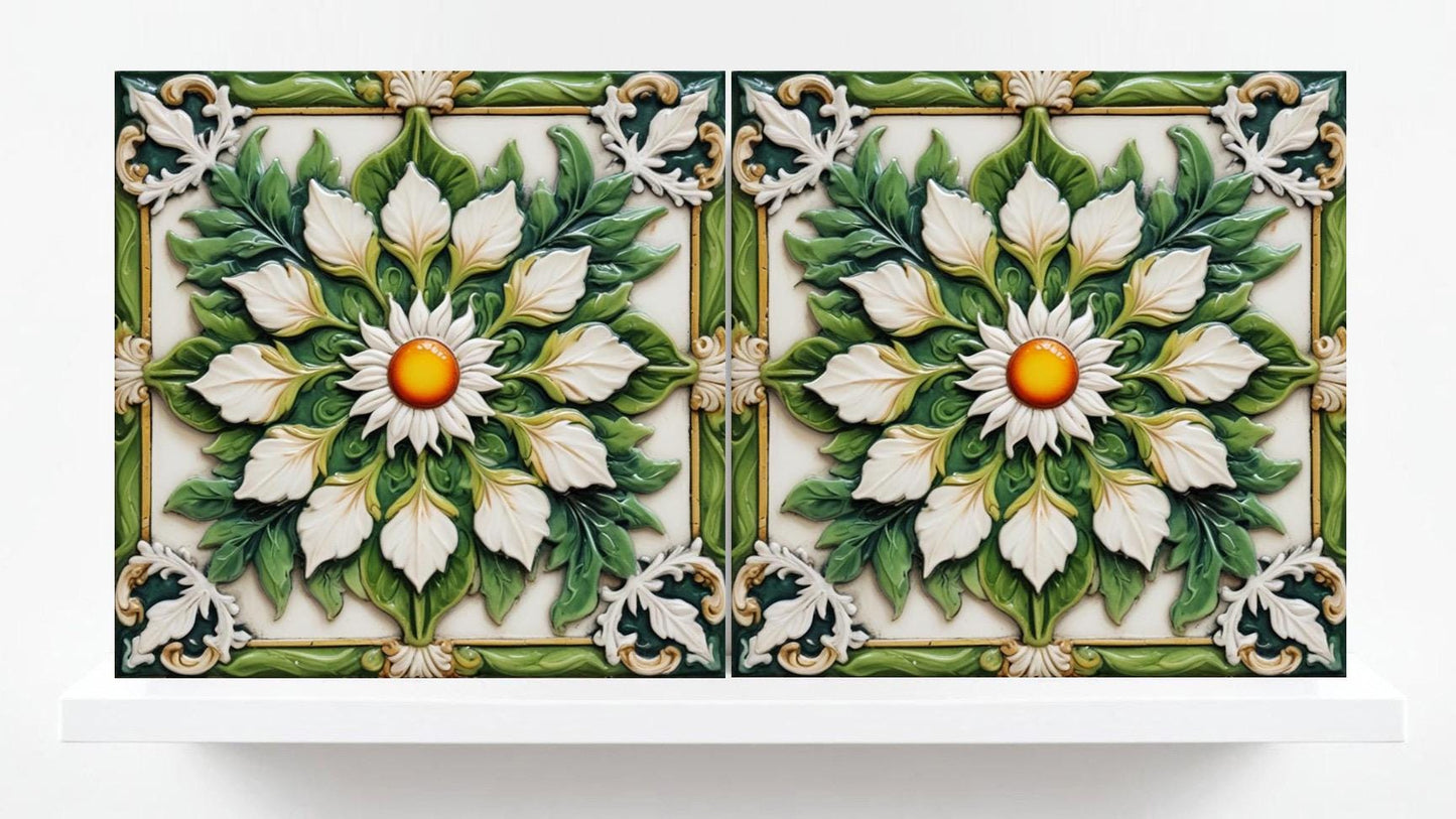 Italian Majolica Tiles Flower -Set of 2 Sicilian Wall Decor Tiles-Kitchen Backsplash Tiles, Sink Splashback,Bathroom,Shower Wall Art,Coaster