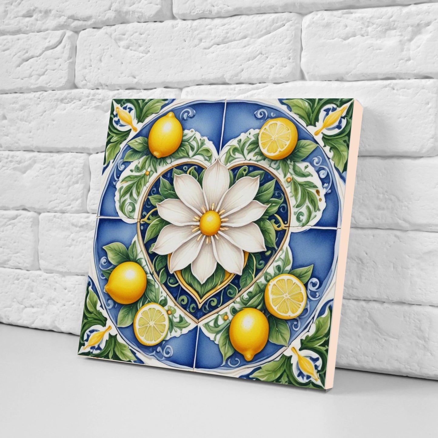 Italian Majolica Lemon Tiles - Set of 2 Mediterranean Flower Wall Decor -Kitchen Backsplash,Bathroom, Shower Wall,Fireplace,Sink Splashback