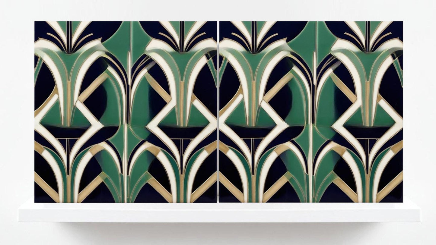 Art Deco Ceramic Tiles Green-Set of 2 Art Deco Wall Decor Geometric Tiles-Kitchen Backsplash, Shower,Bathroom Wall,Sink Splashback,Fireplace