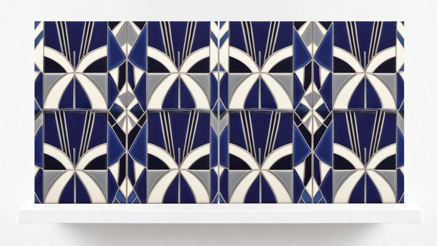 Art Deco Ceramic tiles Blue - Set of 2 Art Deco Wall Decor Geometric Tiles - Kitchen Backsplash , Bathroom, Sink Splashback, Accent Wall Art